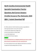 North Carolina Environmental Health Specialist Examinations Practice Questions And Correct Answers &lpar;Verified Answers&rpar; Plus Rationales 2026 Q&A &vert; Instant Download Pdf
