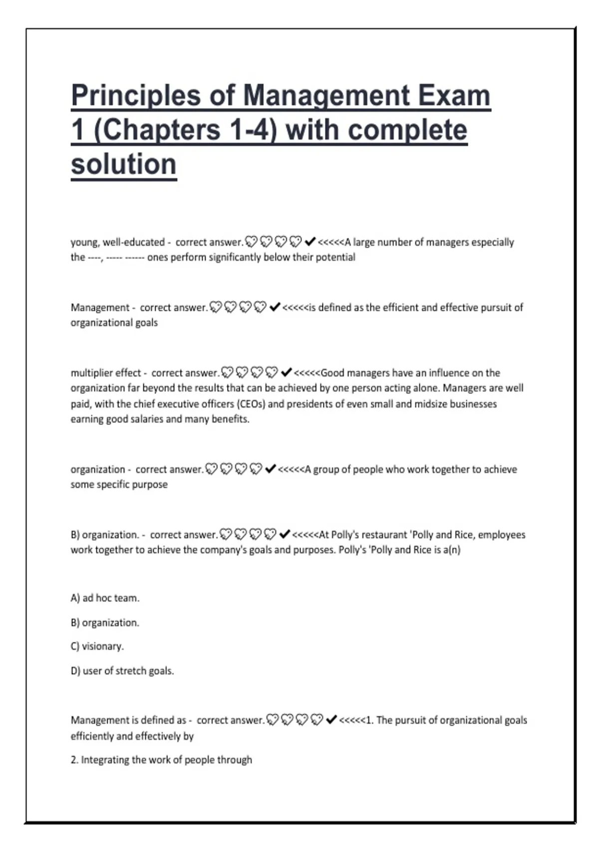 Principles of Management Exam 1 (Chapters 1–4) Study Guide 2025/2026 ...