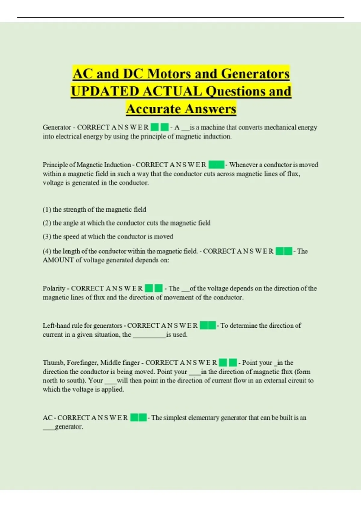 AC and DC Motors and Generators UPDATED ACTUAL Questions and Accurate ...