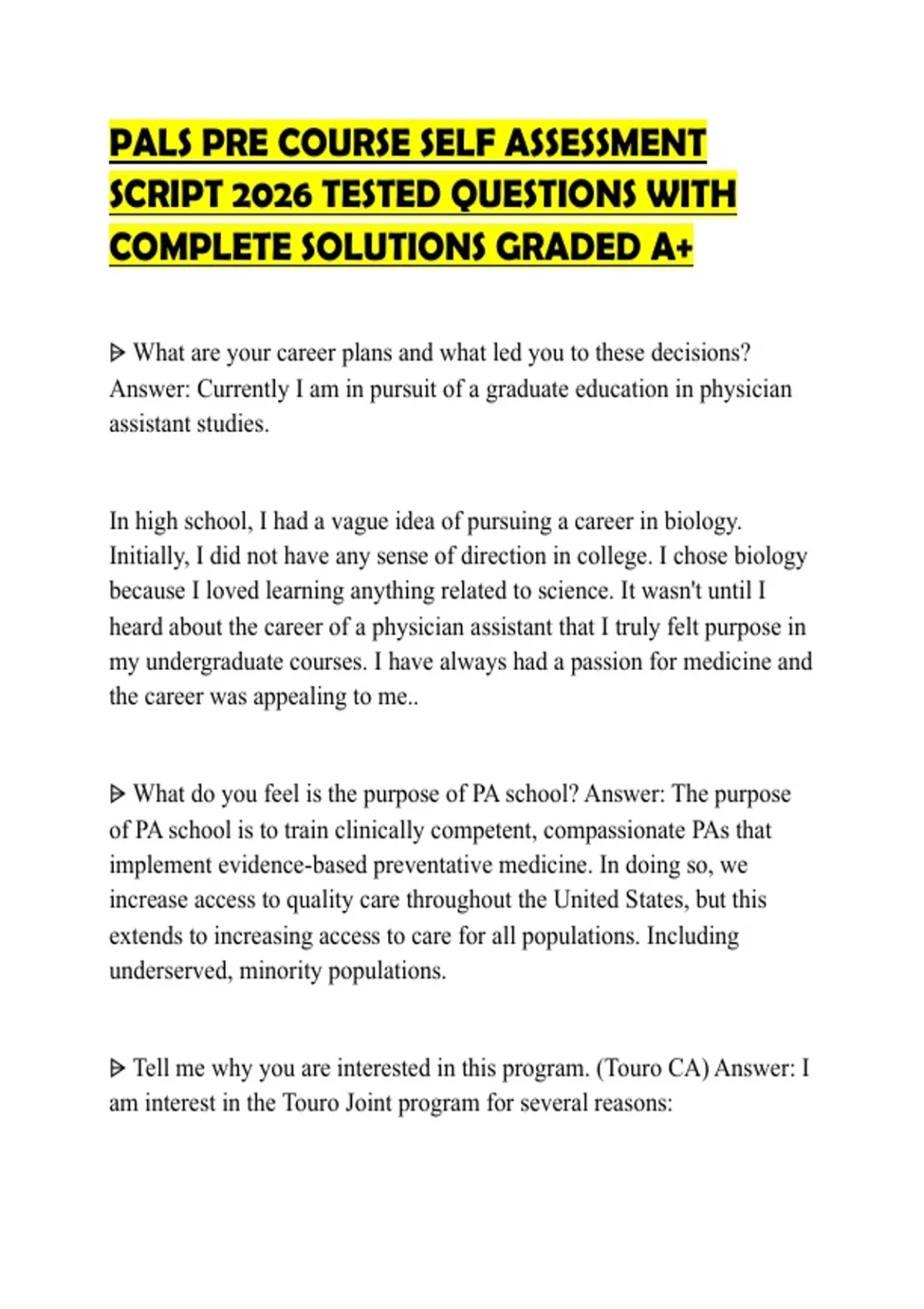 PALS PRE COURSE SELF ASSESSMENT EXAMINATION TEST 2026 COMPLETE ...