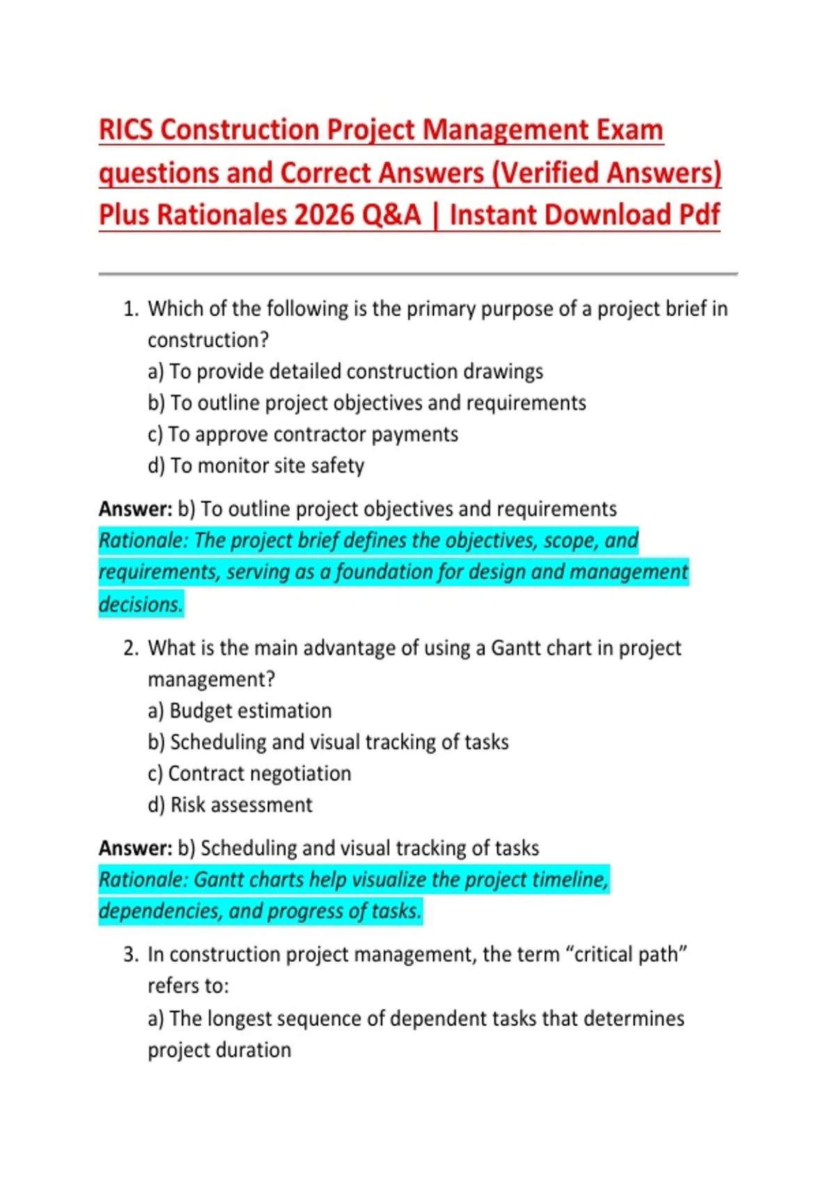 RICS Construction Project Management Exam questions and Correct Answers ...