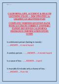 CALIFORNIA LIFE&comma; ACCIDENT & HEALTH LICENSING EXAM &mdash; 2026 UPDATED &vert; A&plus; GRADED &vert; GUARANTEED PASS  COMPLETE VERIFIED QUESTION BANK WITH ACCURATE CORRECT ANSWERS &vert; EXPERT-REVIEWED CALIFORNIA INSURANCE CERTIFICATION STUDY GUIDE