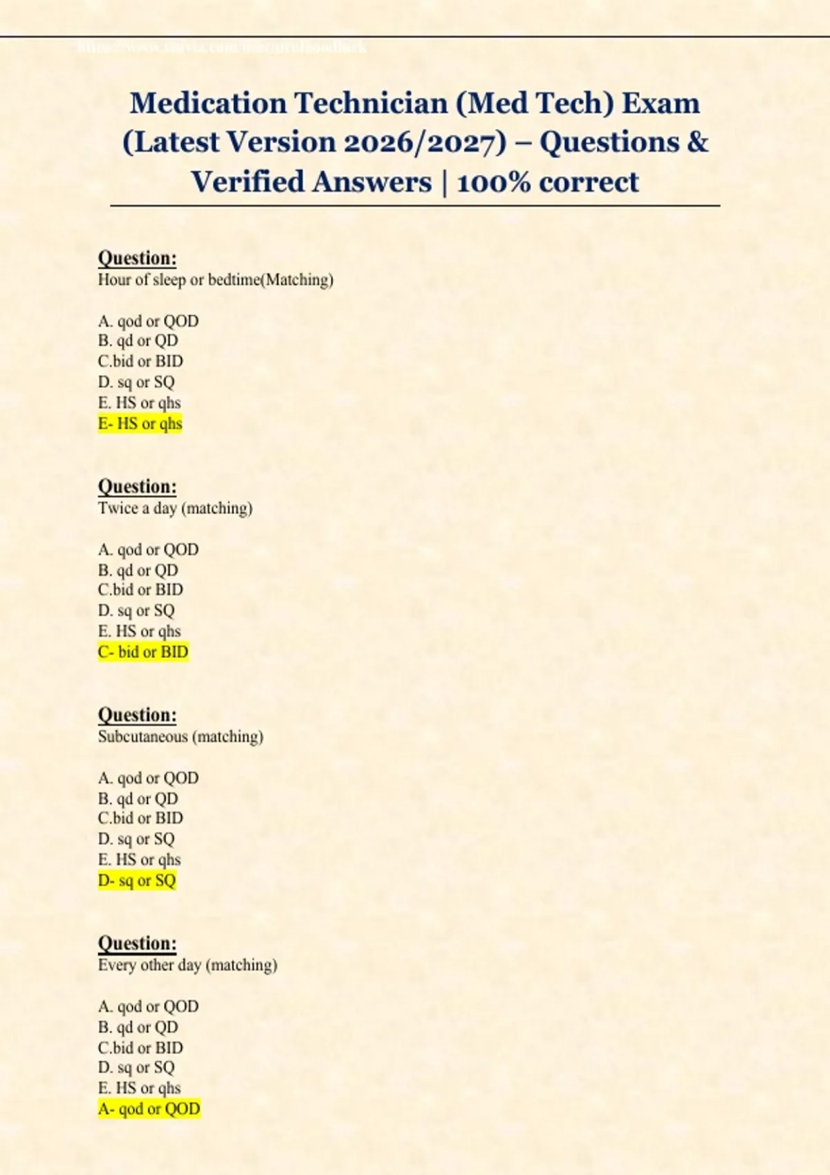 Medication Technician (Med Tech) Exam (Latest Version 2026/2027) – Questions & Verified Answers ...