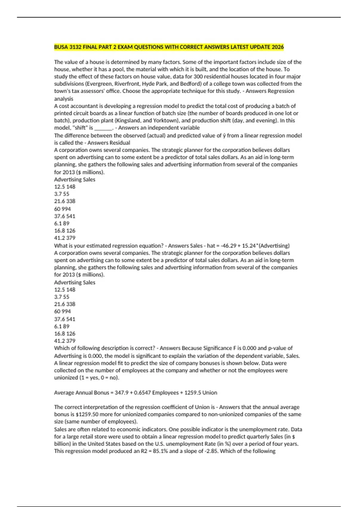 BUSA 3132 FINAL PART 2 EXAM QUESTIONS WITH CORRECT ANSWERS LATEST ...