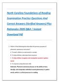North Carolina Foundations of Reading  Examination Practice Questions And  Correct Answers &lpar;Verified Answers&rpar; Plus  Rationales 2026 Q&A &vert; Instant  Download Pdf