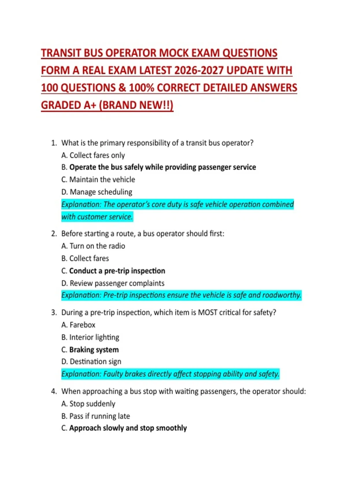 TRANSIT BUS OPERATOR MOCK EXAM QUESTIONS FORM A REAL EXAM LATEST UPDATE ...