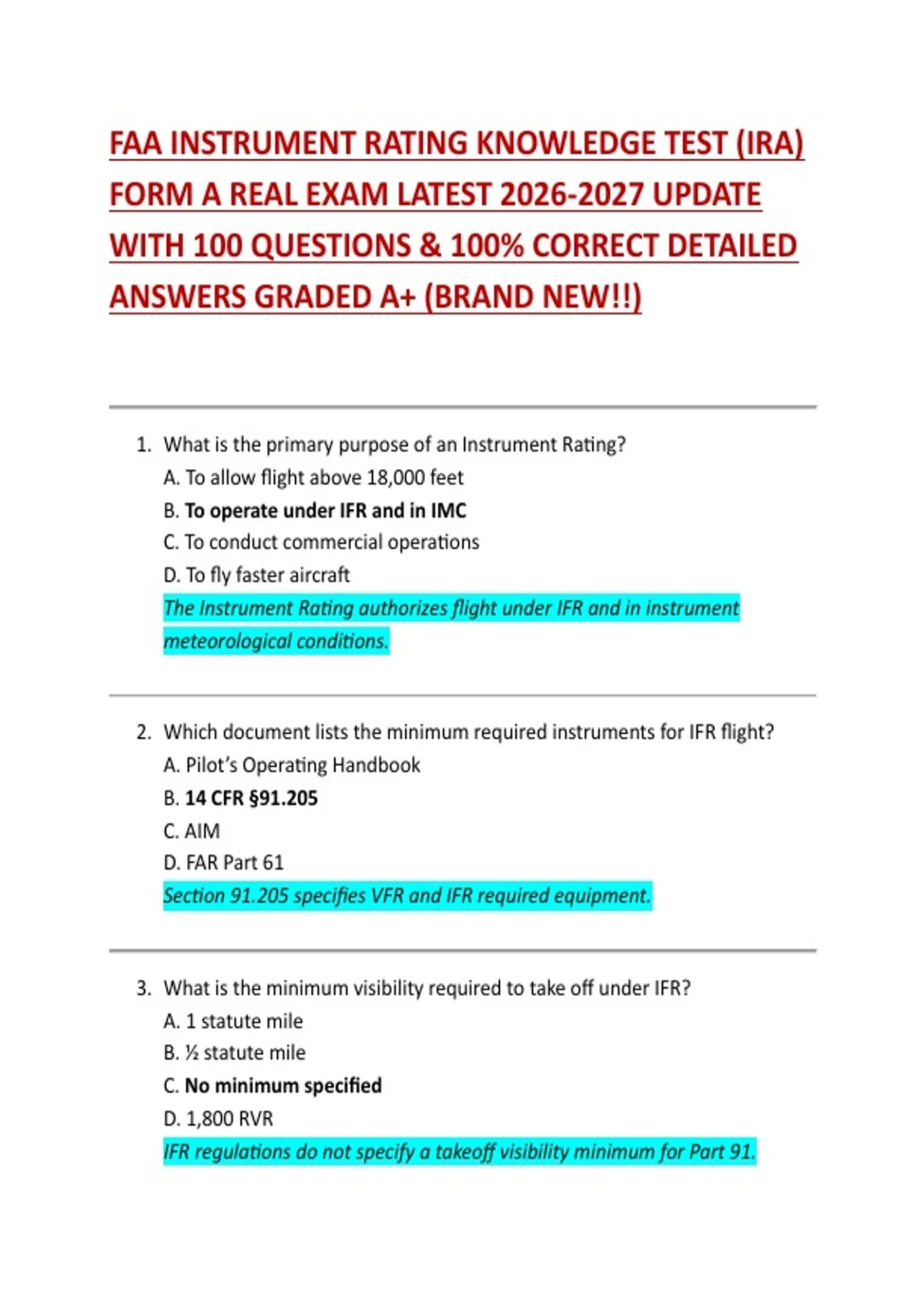 FAA INSTRUMENT RATING KNOWLEDGE TEST (IRA) FORM A REAL EXAM LATEST ...