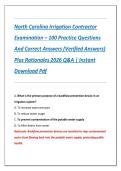 North Carolina Irrigation Contractor  Examination &ndash; 100 Practice Questions  And Correct Answers &lpar;Verified Answers&rpar;  Plus Rationales 2026 Q&A &vert; Instant  Download Pdf