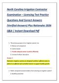 North Carolina Irrigation Contractor Examinations &ndash; 100 Practice Questions And Correct Answers &lpar;Verified Answers&rpar; Plus Rationales 2026 Q&A &vert; Instant Download Pdf