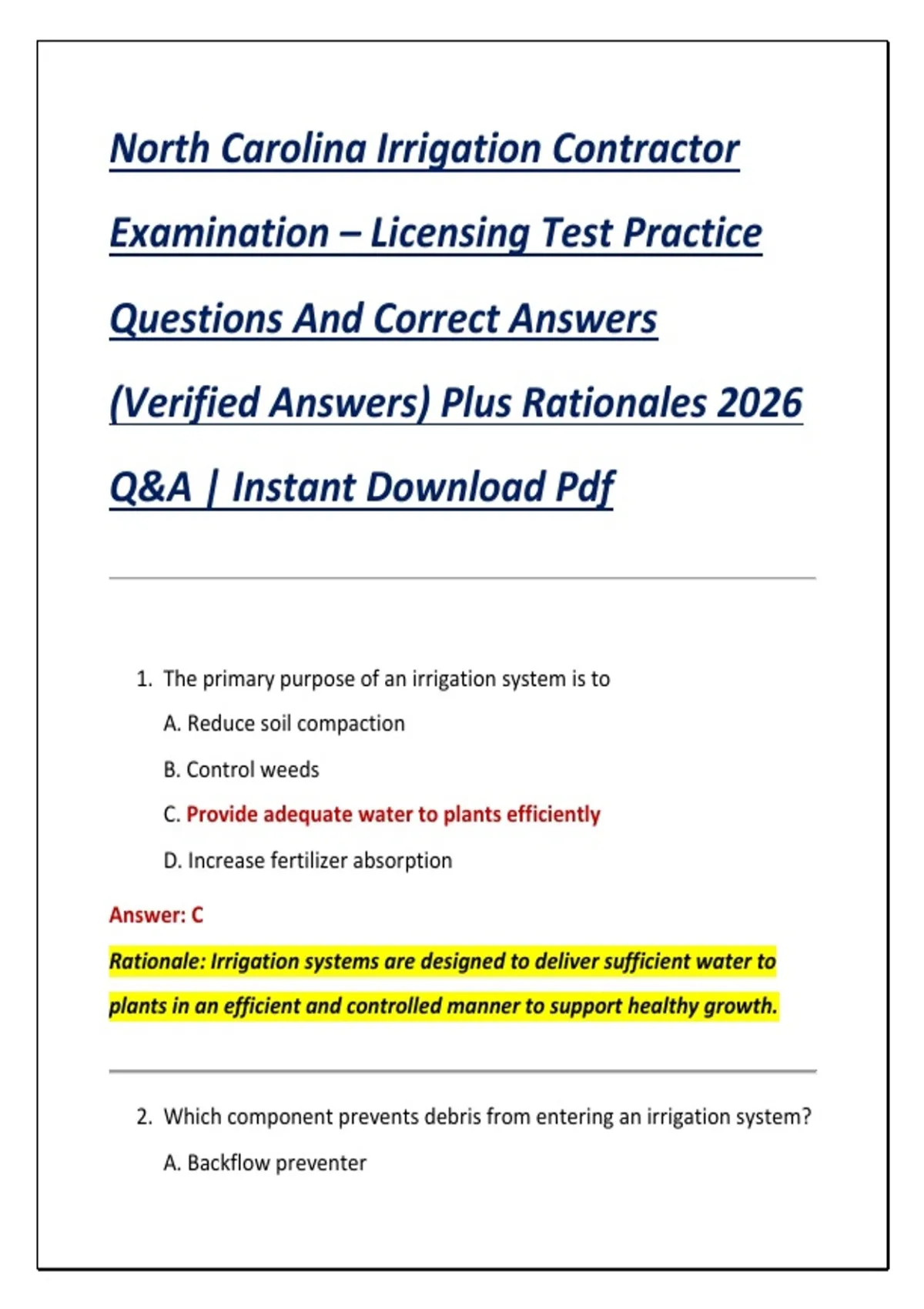North Carolina Irrigation Contractor Examination – Licensing Test ...