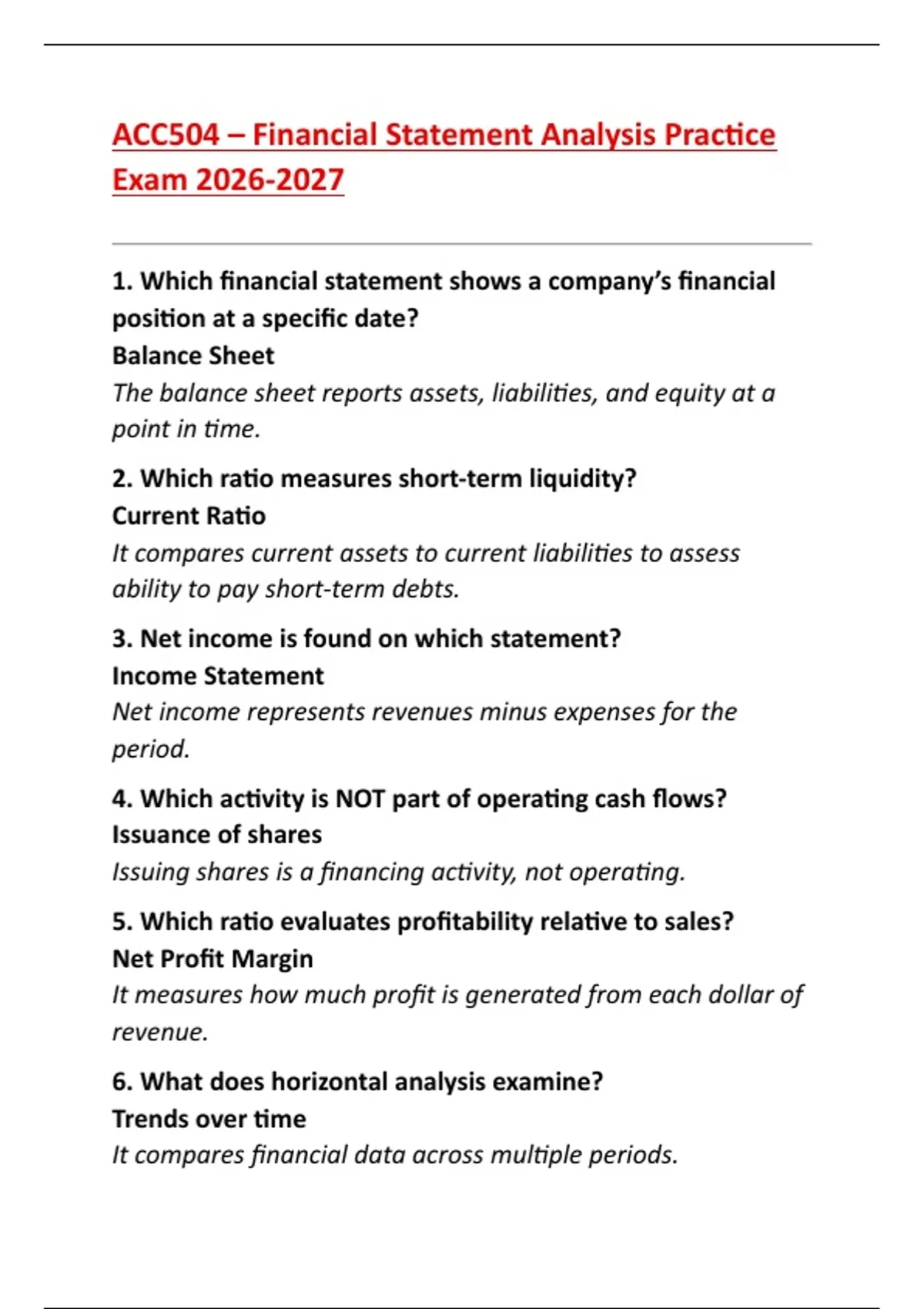 ACC504 – Financial Statement Analysis Practice Exam 2026–2027 ...