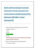 North Carolina Landscape Contractor  Examination Practice Questions And  Correct Answers &lpar;Verified Answers&rpar; Plus  Rationales 2026 Q&A &vert; Instant  Download Pdf