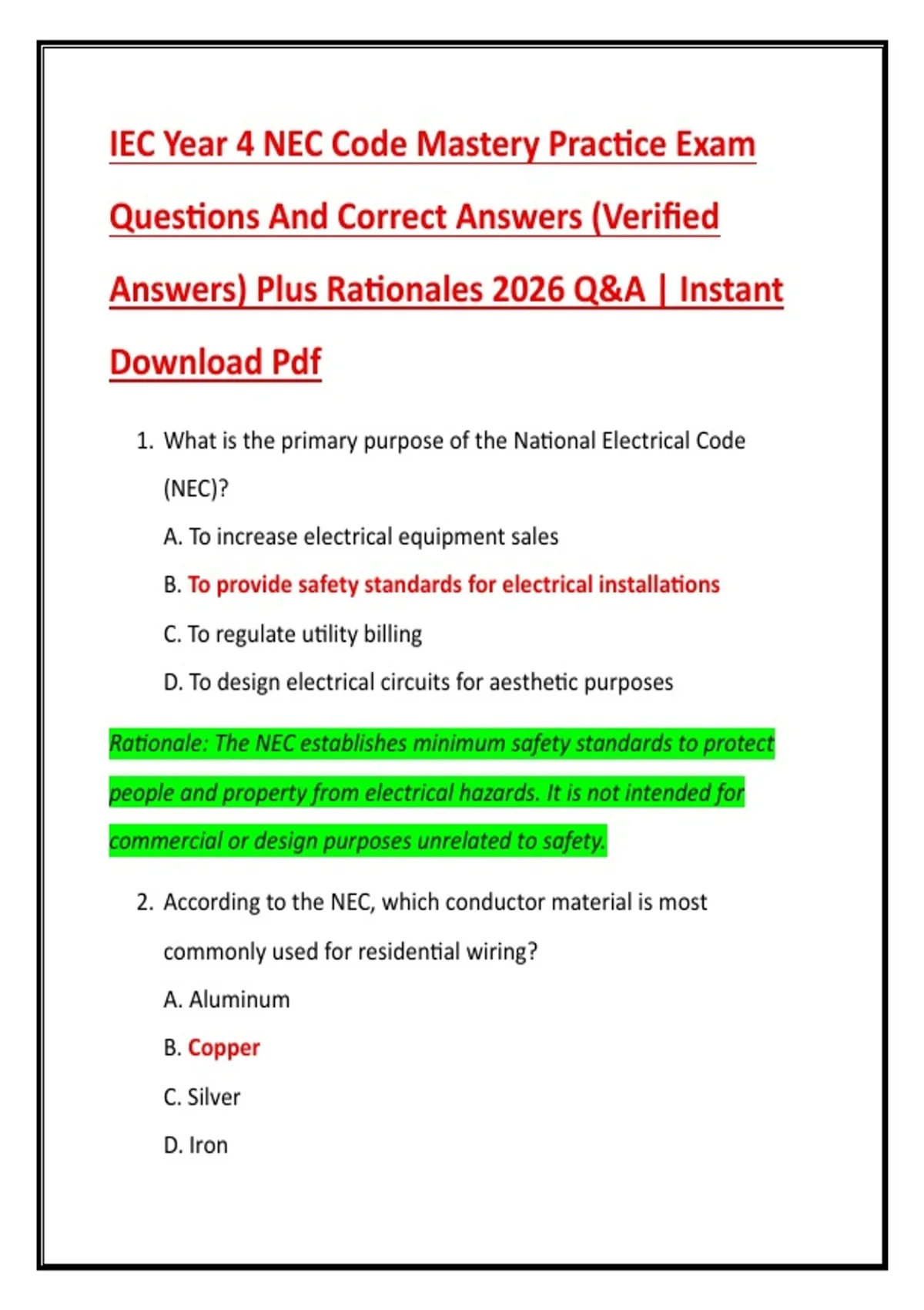 Nec Code Questions IEC Year 4 NEC Code Mastery Practice Exam Questions And Correct Answers ...