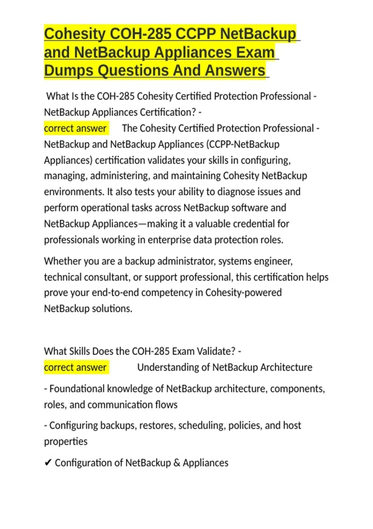 Cohesity COH-285 CCPP NetBackup and NetBackup Appliances Exam Dumps ...