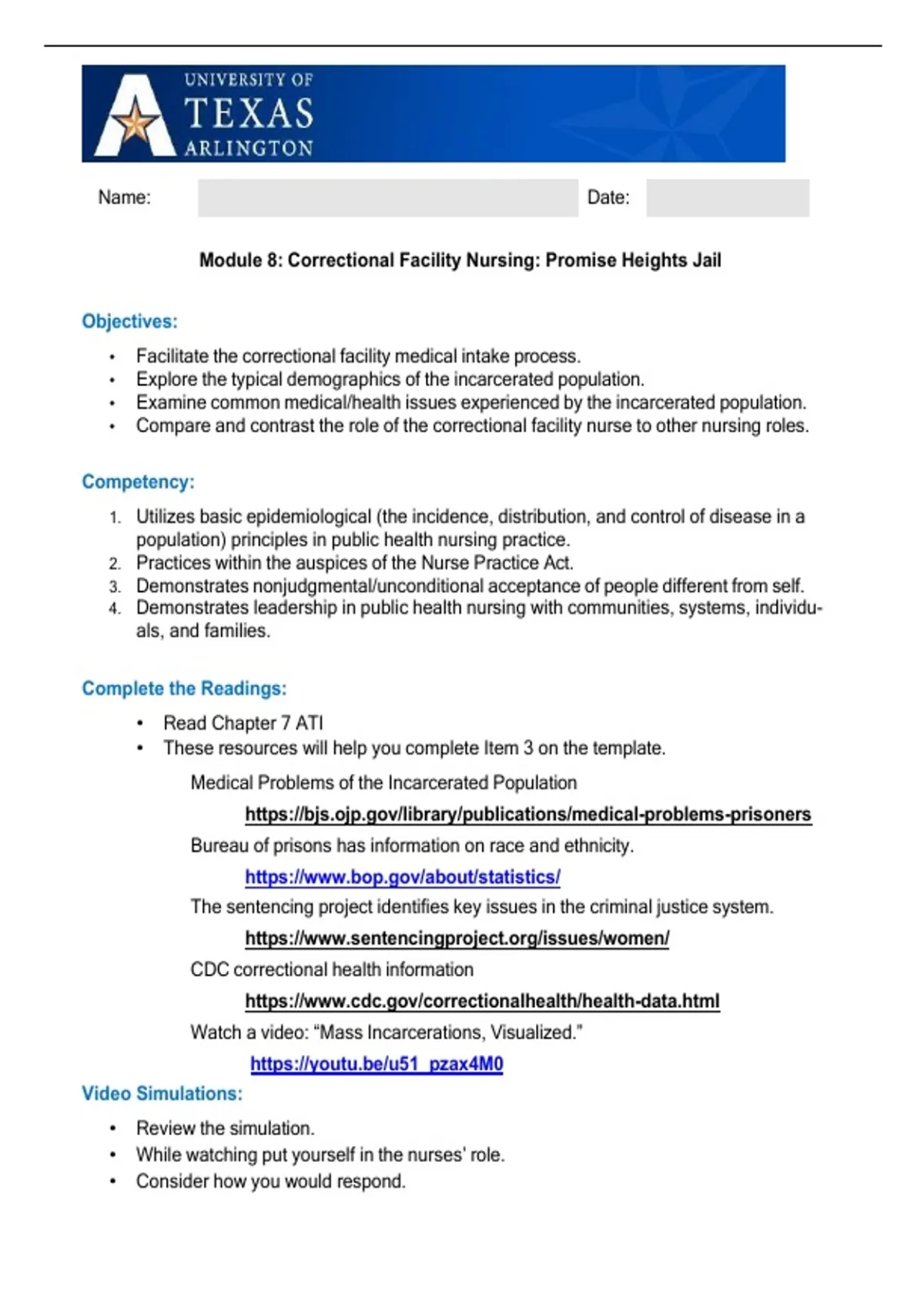 NURS 3425: vSim Module 8: Correctional Facility Nursing: Promise ...