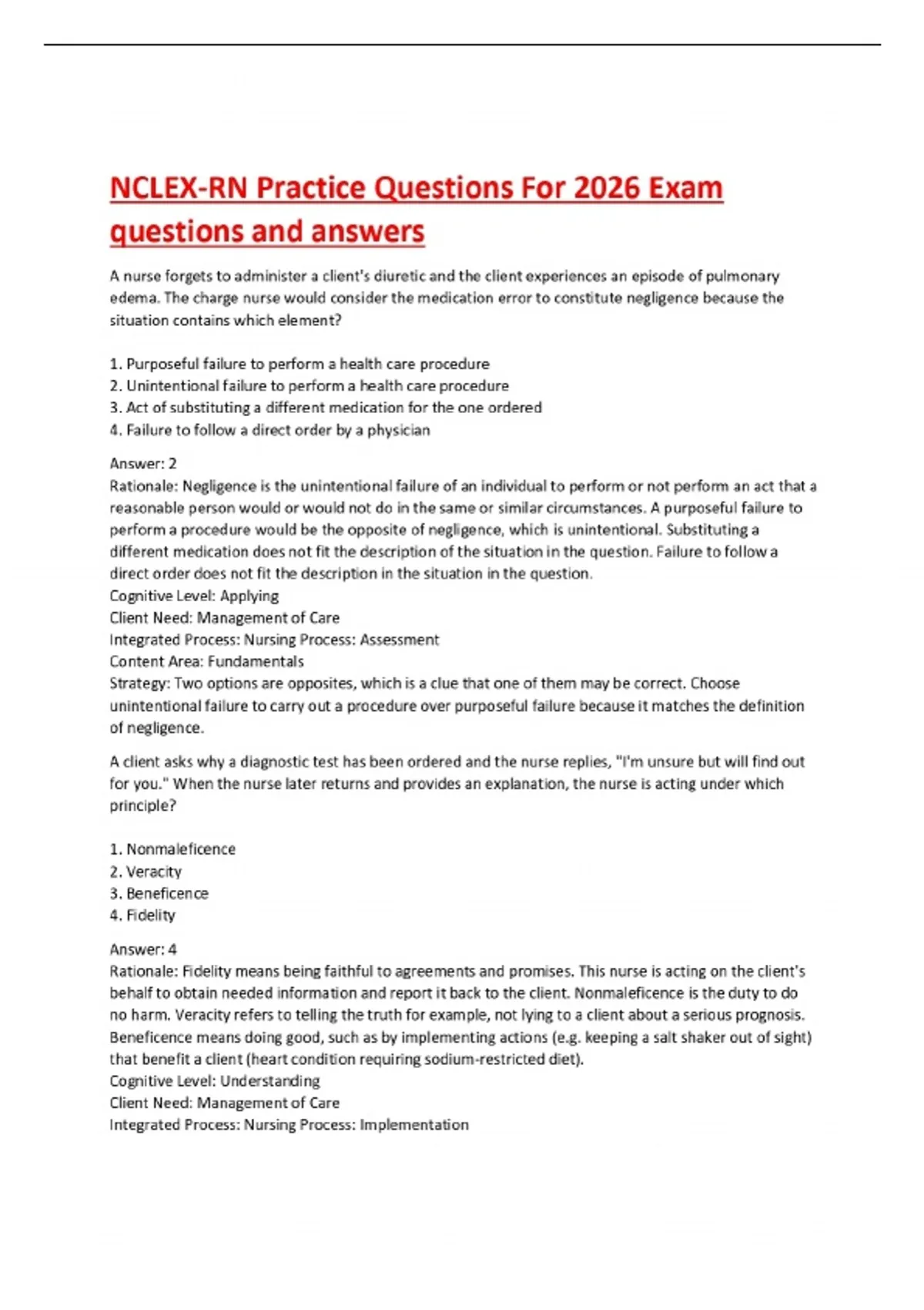 NCLEX-RN Practice Questions For 2026 Exam questions and answers - NCLEX ...