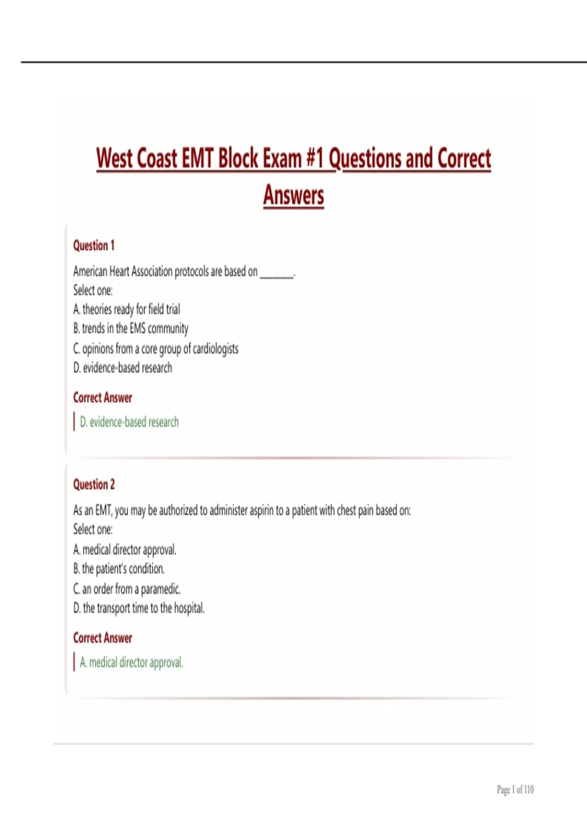 West Coast EMT Block 1 Exam Questions and Answers - WEST COAST EMT ...