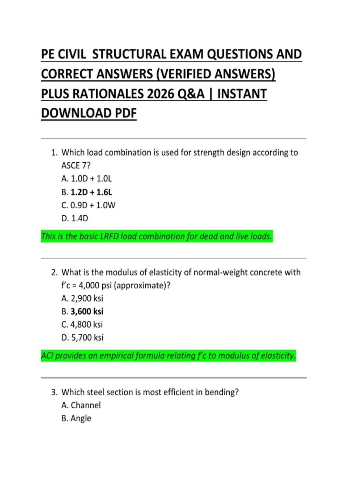 PE CIVIL STRUCTURAL EXAM QUESTIONS AND CORRECT ANSWERS (VERIFIED ...