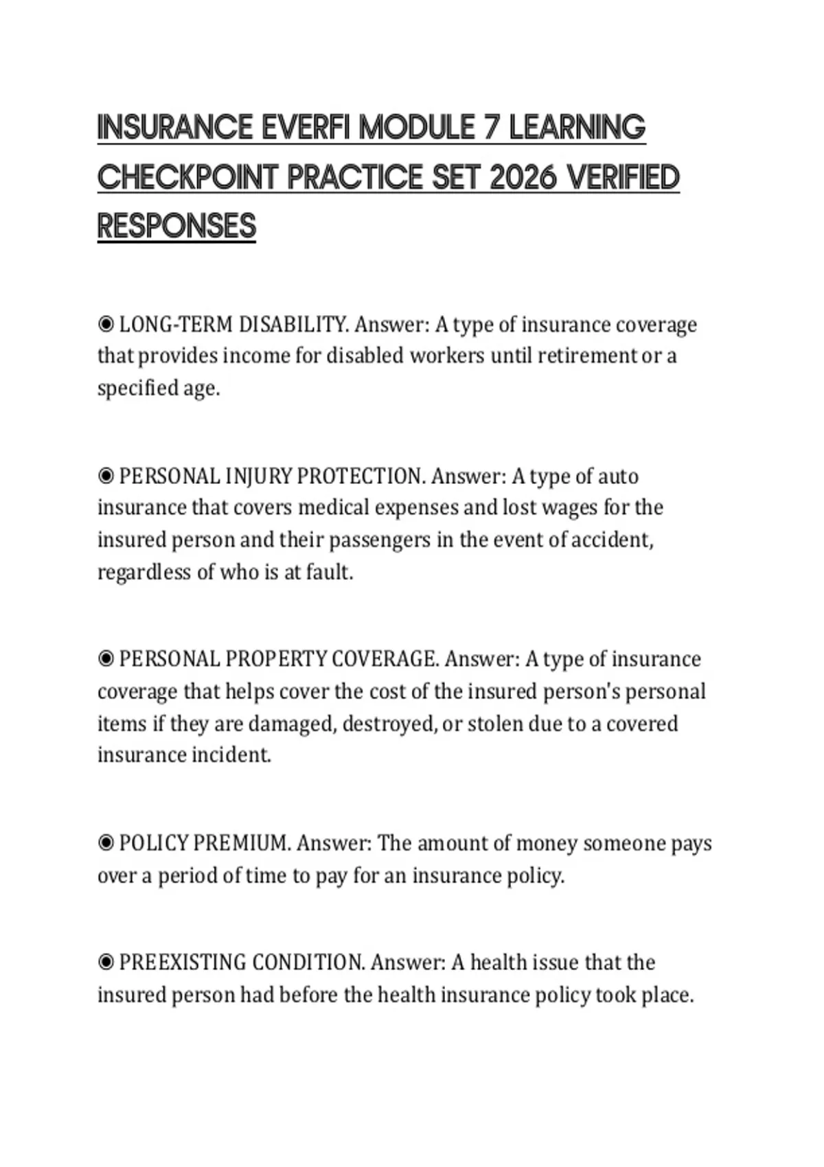 INSURANCE EVERFI MODULE 7 LEARNING CHECKPOINT PRACTICE SET 2026 ...