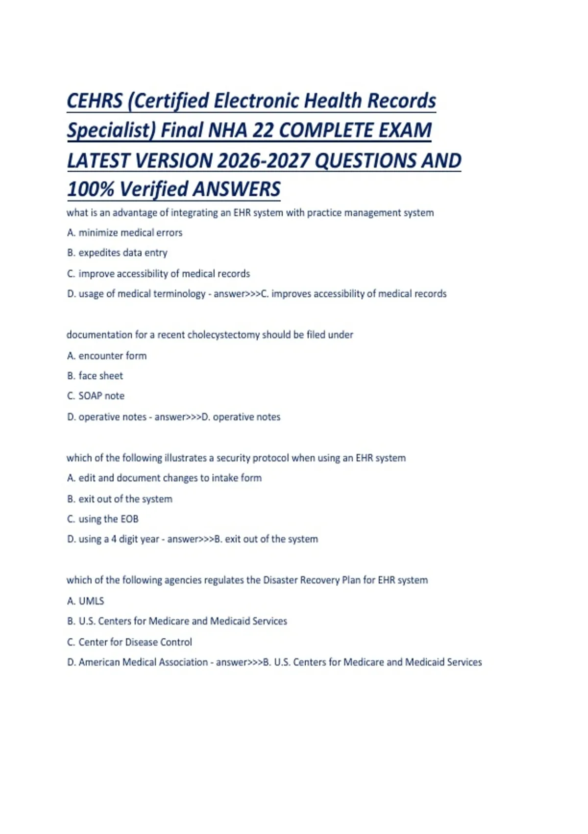 CEHRS (Certified Electronic Health Records Specialist) Final NHA 22 COMPLETE EXAM LATEST VERSION ...