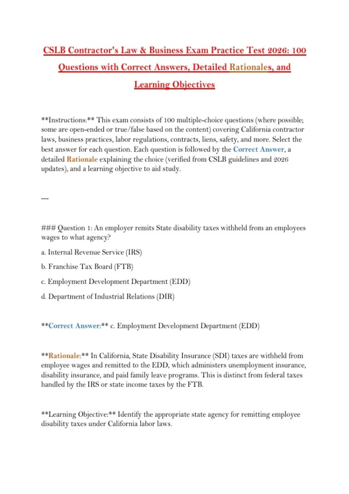 CSLB Contractor-s Law & Business Exam Practice Test 2026 100 Questions ...
