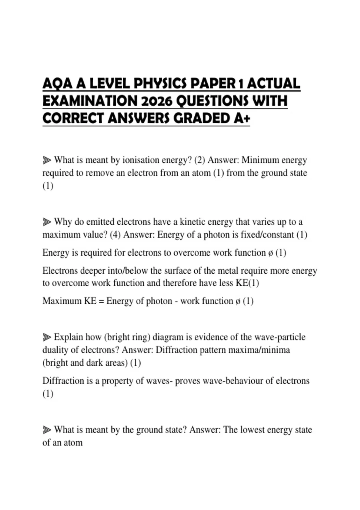 AQA A LEVEL PHYSICS PAPER 1 ACTUAL EXAMINATION 2026 QUESTIONS WITH ...