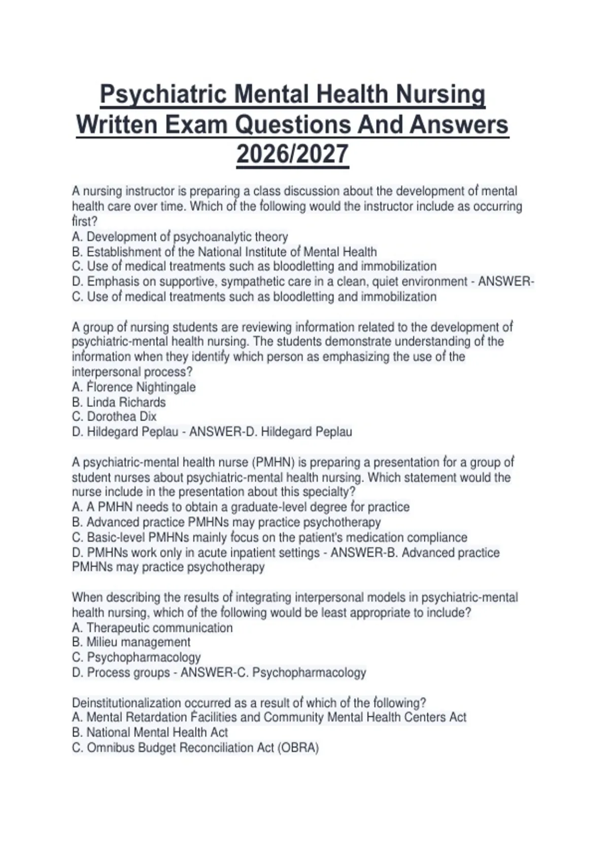Psychiatric Mental Health Nursing Written Exam Questions And Answers ...