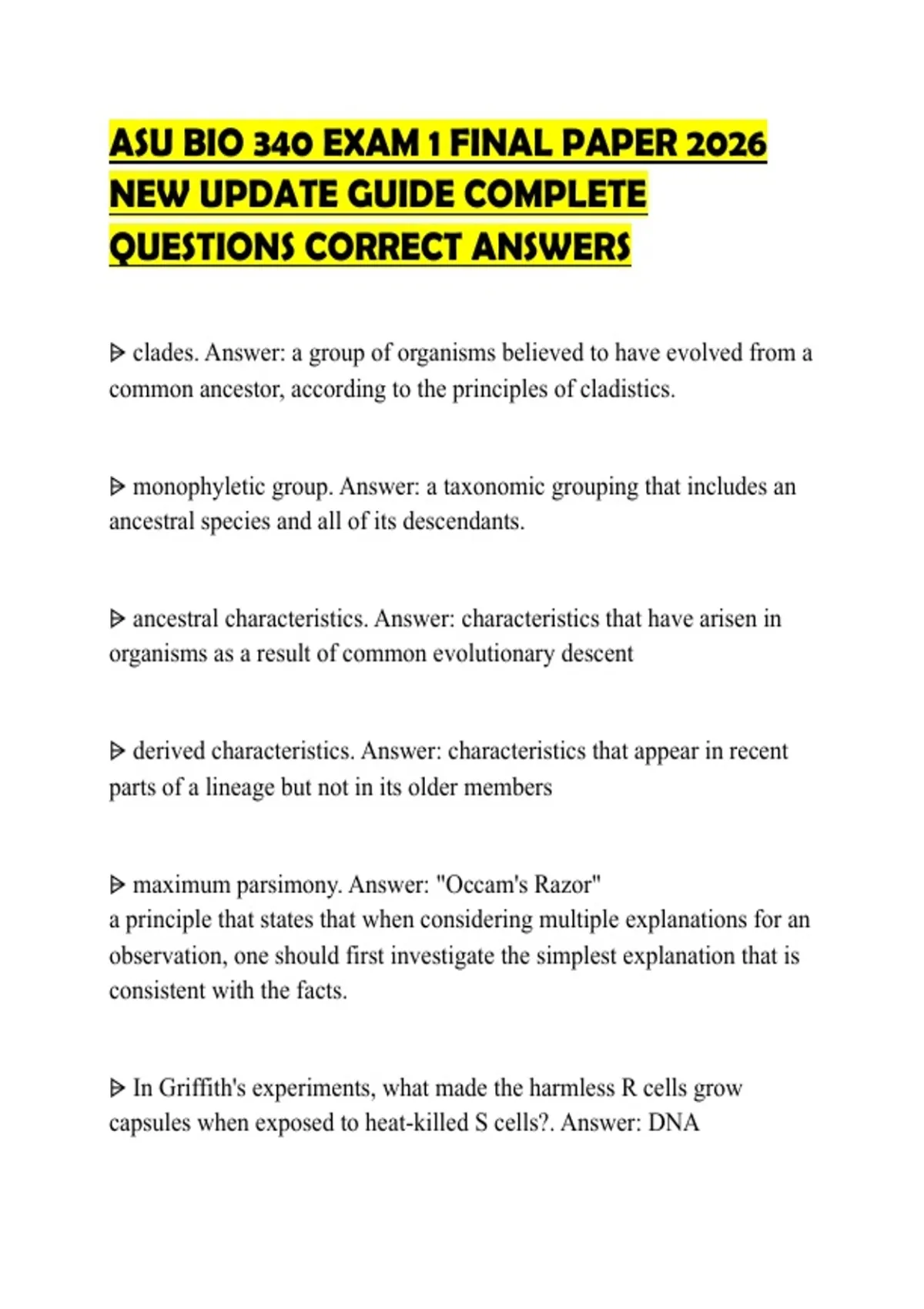 ASU BIO 340 EXAM 1 FINAL PAPER 2026 NEW UPDATE GUIDE COMPLETE QUESTIONS ...