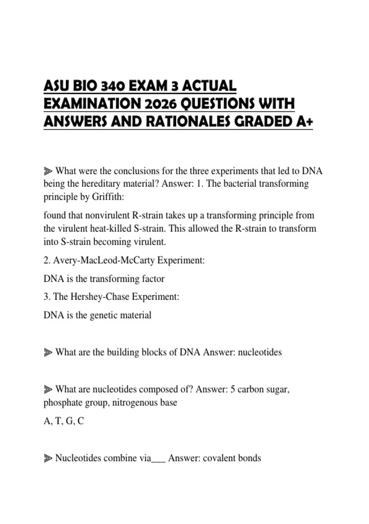 ASU BIO 340 EXAM 3 ACTUAL EXAMINATION 2026 QUESTIONS WITH ANSWERS AND ...