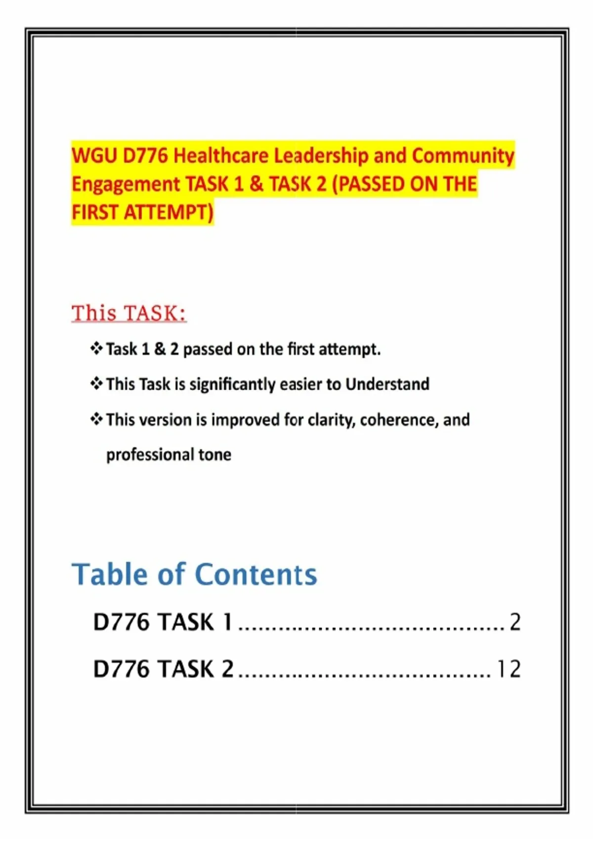 First Task WGU D776 Healthcare Leadership and Community Engagement TASK 1 & TASK 2 ...