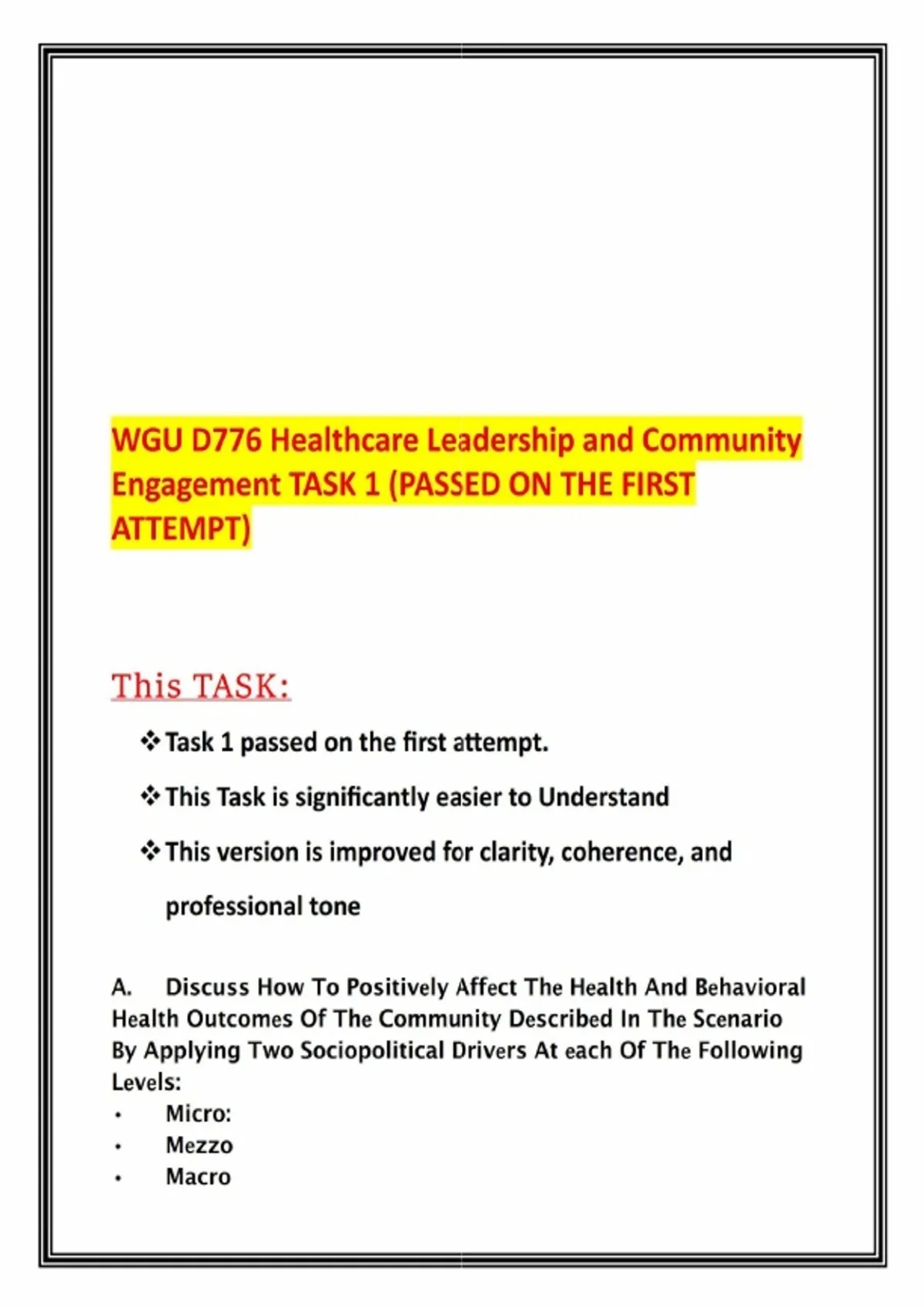 WGU D776 Healthcare Leadership and Community Engagement TASK 1 (PASSED ...