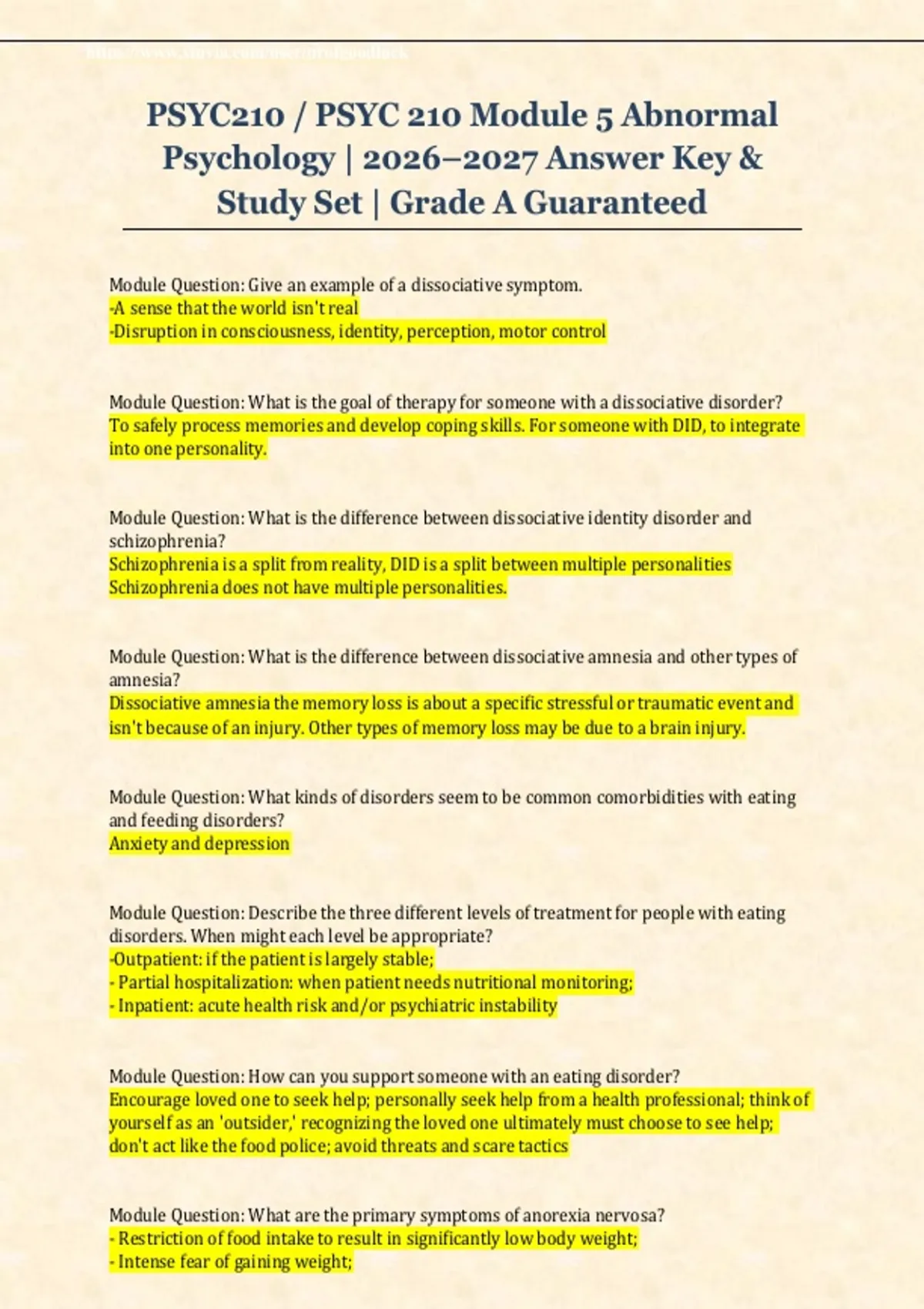 PSYC210 / PSYC 210 Module 5 Abnormal Psychology | 2026–2027 Answer Key ...