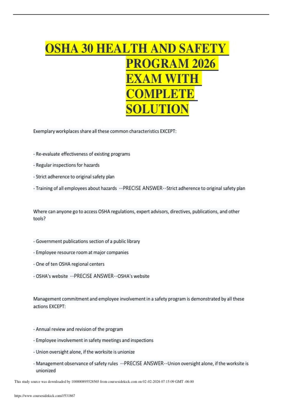 OSHA 30 HEALTH AND SAFETY PROGRAM 2026 EXAM WITH COMPLETE SOLUTION ...