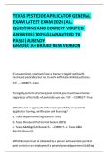 TEXAS PESTICIDE APPLICATOR GENERAL  EXAM LATEST EXAM 2026&vert;ALL  QUESTIONS AND CORRECT VERIFIED  ANSWERS&vert;100&percnt; GUARANTEED TO  PASS&excl;&vert;ALREADY  GRADED A&plus; BRAND NEW VERSION 