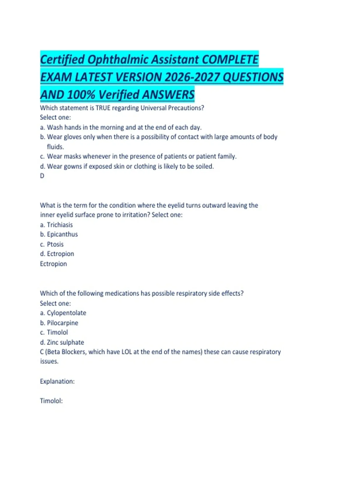 Certified Ophthalmic Assistant COMPLETE EXAM LATEST VERSION QUESTIONS ...
