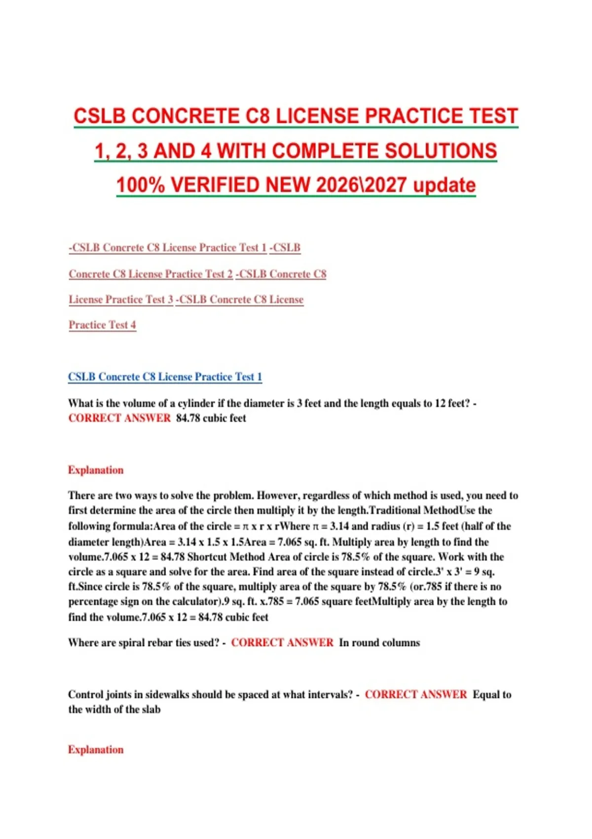CSLB CONCRETE C8 LICENSE PRACTICE TEST 1, 2, 3 AND 4 WITH COMPLETE ...