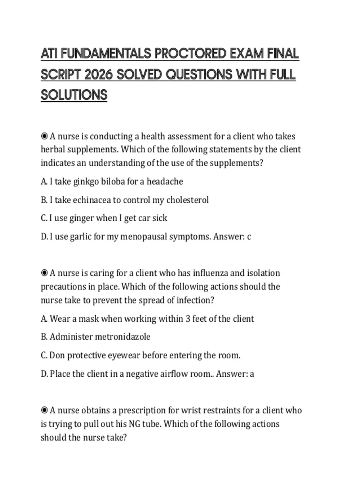 ATI FUNDAMENTALS PROCTORED EXAM FINAL SCRIPT 2026 SOLVED QUESTIONS WITH ...