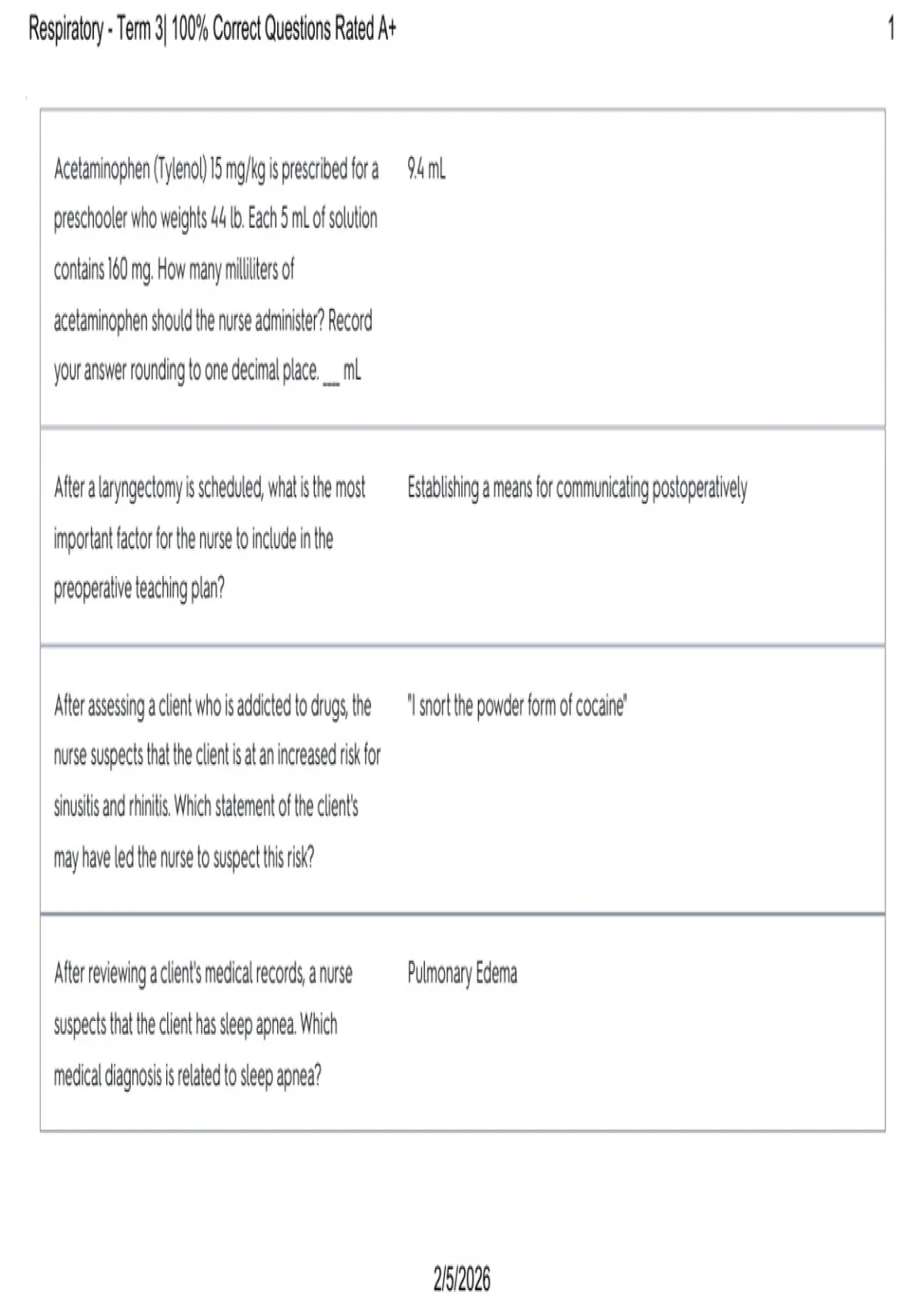 Respiratory – Term 3 | Study Guide with Questions & Answers | Nursing ...