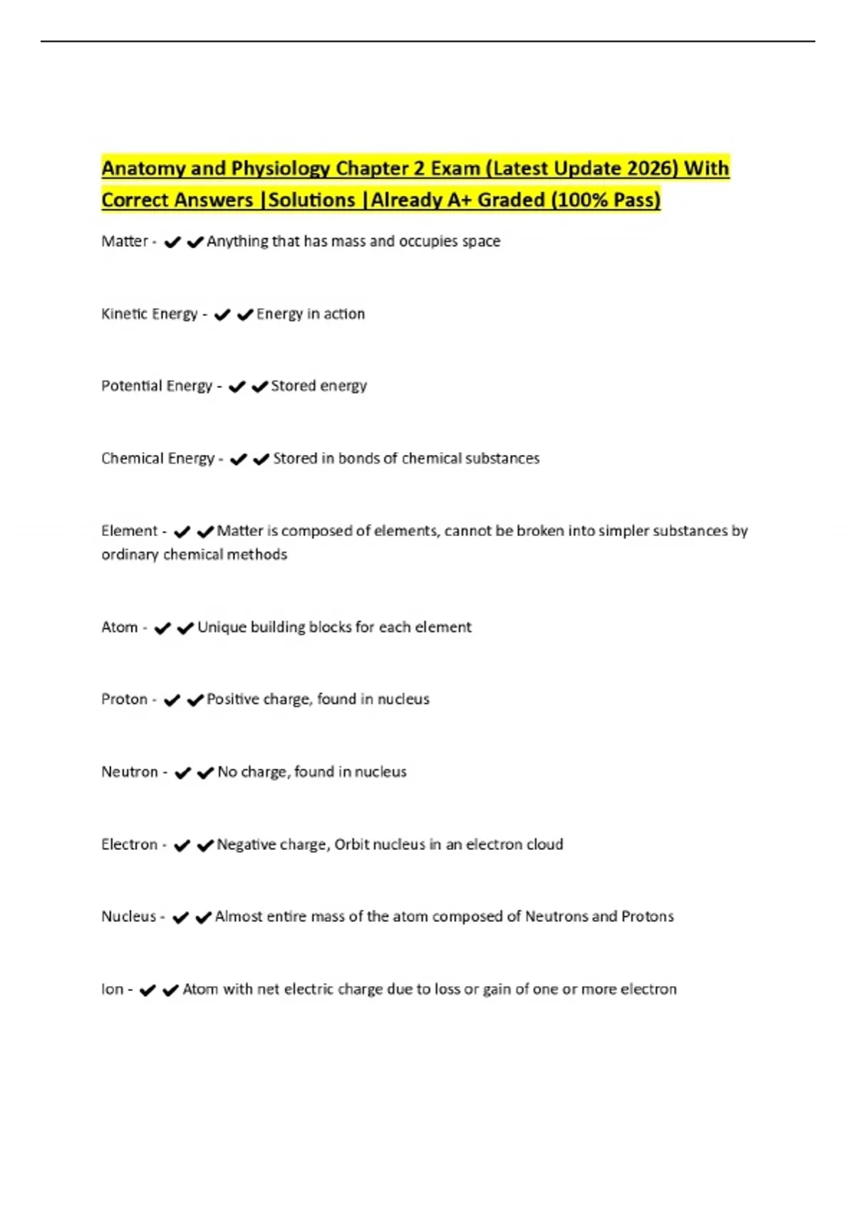 Anatomy and Physiology Chapter 2 Exam (Latest Update 2026) With Correct ...