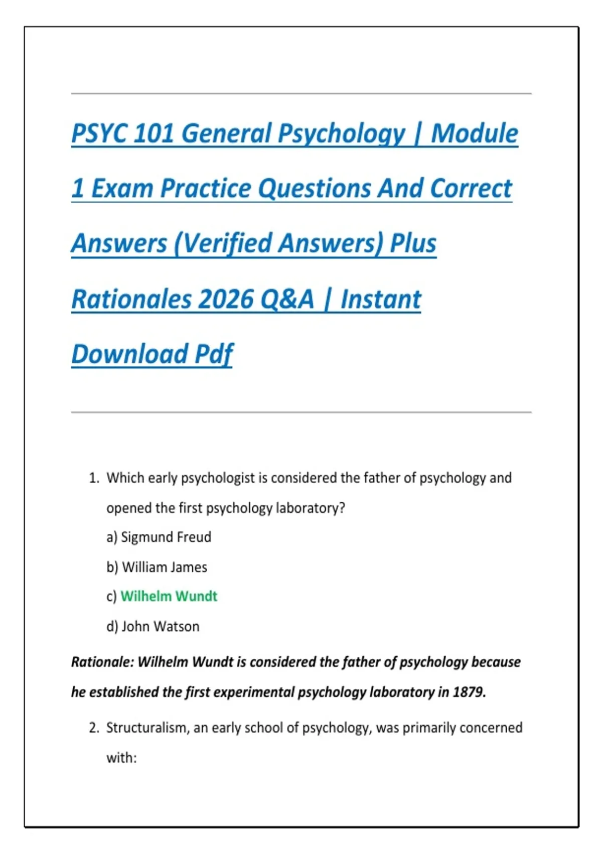 PSYC 101 General Psychology | Module 1 Exam Practice Questions And ...