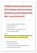Reliability Technician Certification Exam  &lpar;CRE-T&rpar; Questions And Correct Answers  &lpar;Verified Answers&rpar; Plus Rationales 2026  Q&A &vert; Instant Download Pdf 