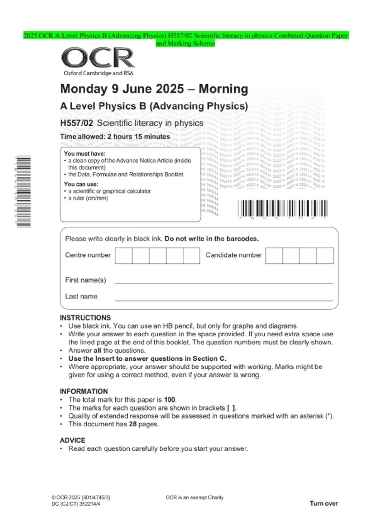 2025 OCR A Level Physics B (Advancing Physics) H557/02 Scientific ...