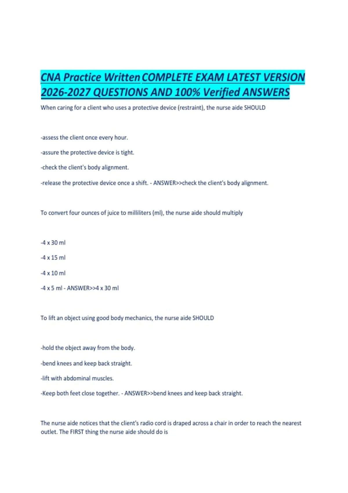CNA Practice Written COMPLETE EXAM LATEST VERSION QUESTIONS AND 100 ...
