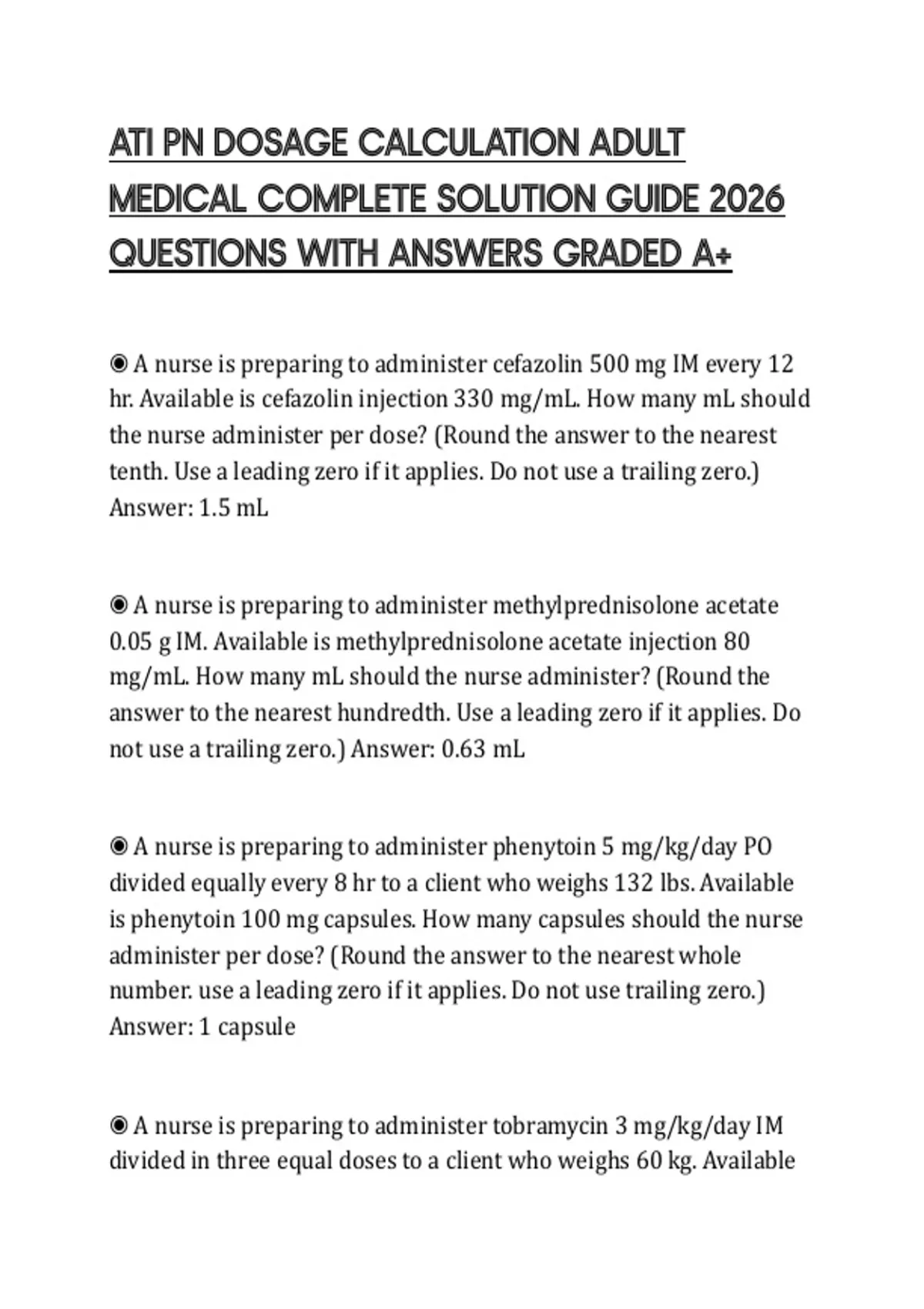 ATI PN DOSAGE CALCULATION ADULT MEDICAL COMPLETE SOLUTION GUIDE 2026 ...