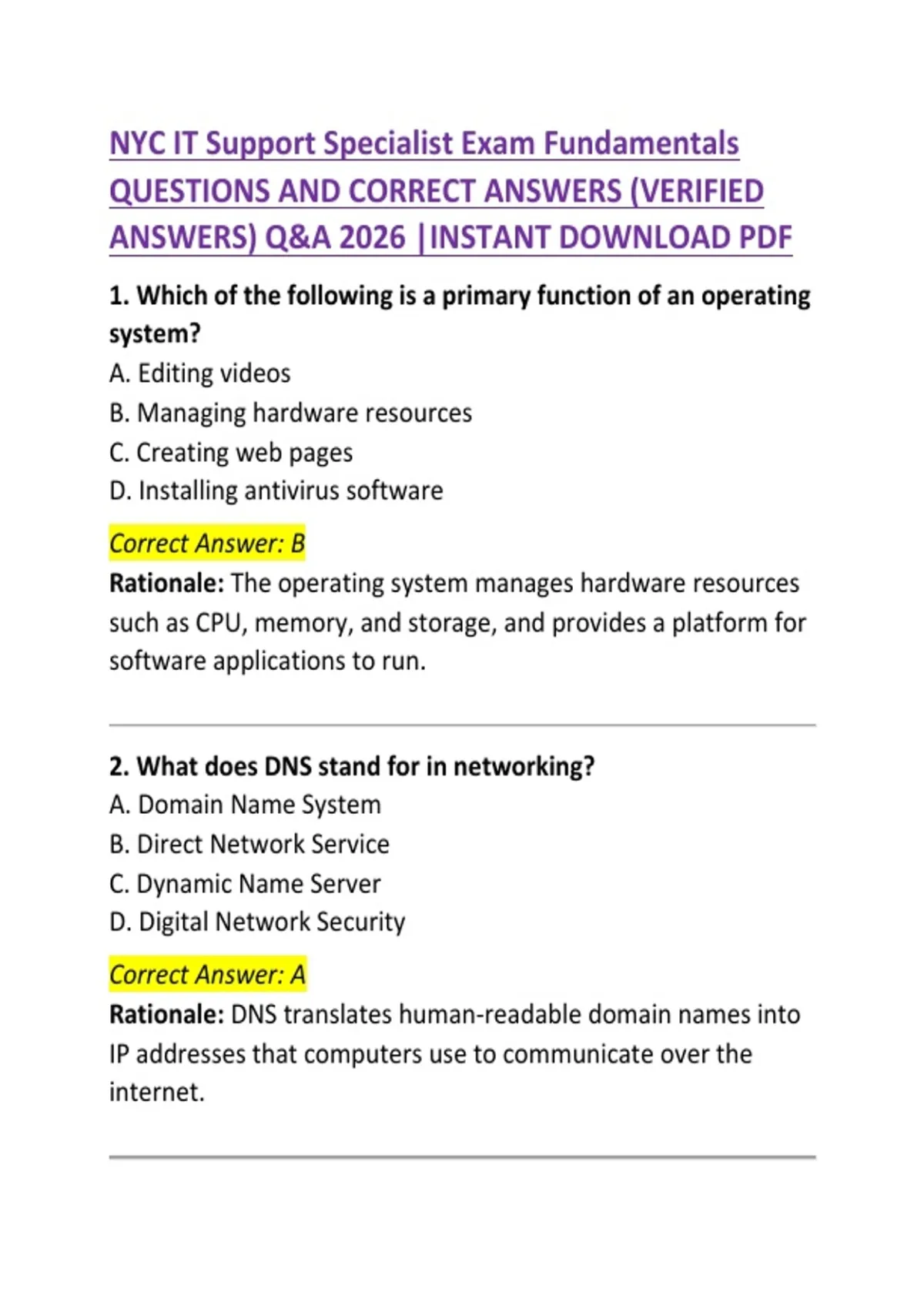 NYC IT Support Specialist Exam Fundamentals Questions with Correct ...