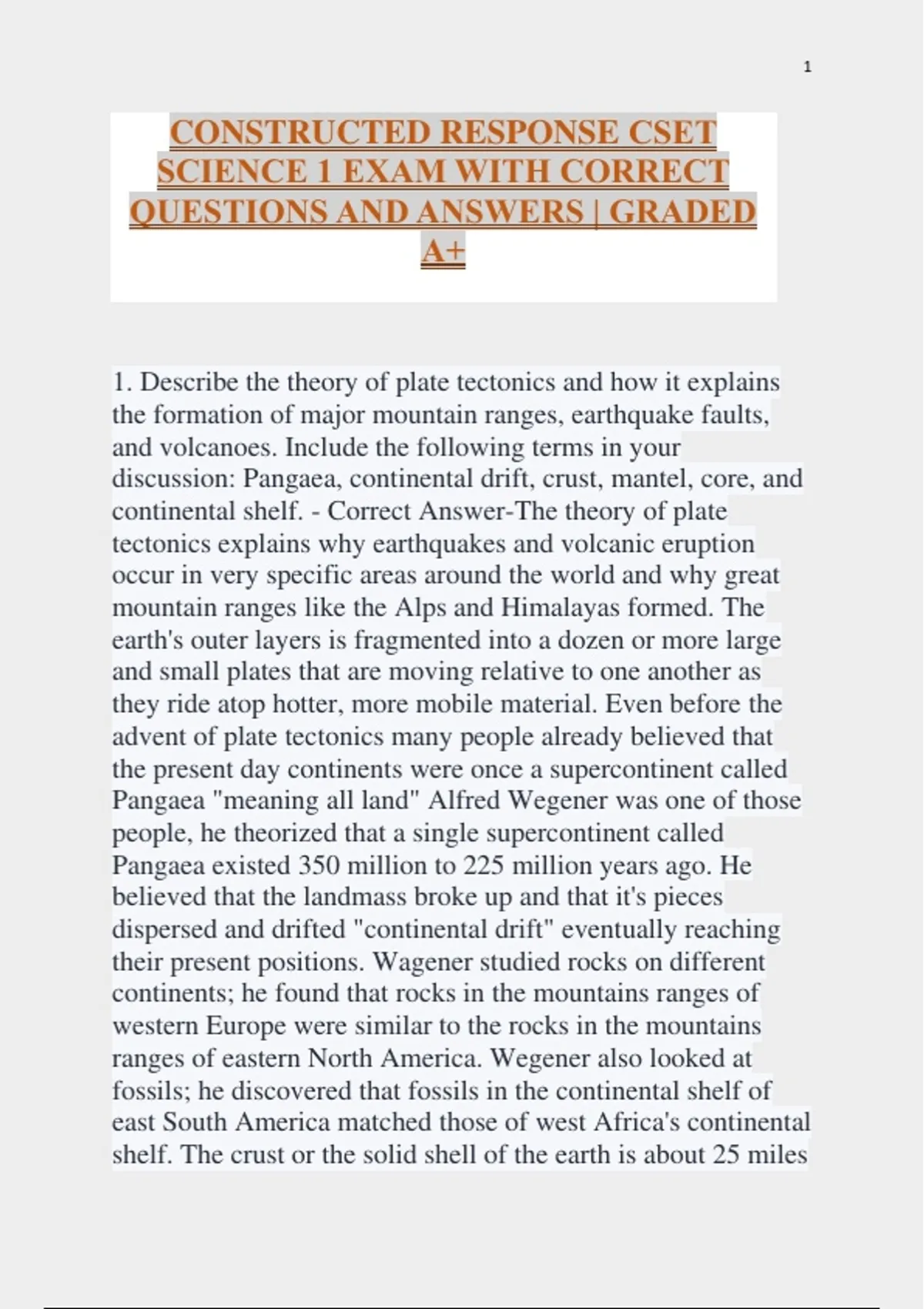 Crq Examples Science CONSTRUCTED RESPONSE CSET SCIENCE 1 EXAM WITH CORRECT QUESTIONS AND ...