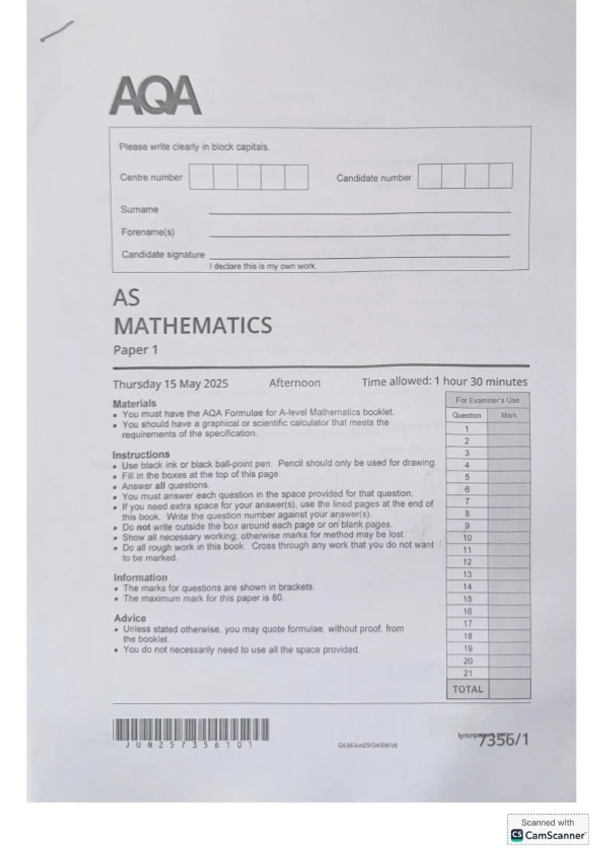 2025 AS-LEVEL AQA MATHEMATICS PAPER 1 MARK SCHEME - MATHEMATICS - Stuvia UK