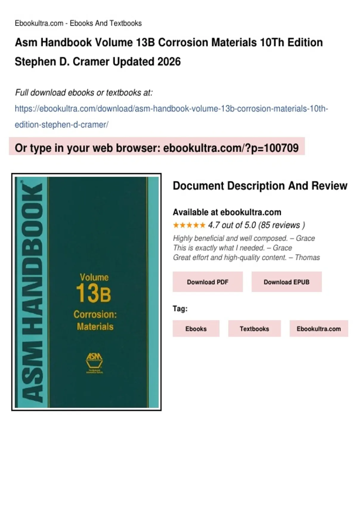 Summary ASM Handbook Volume 13B Corrosion Materials 10th Edition ...