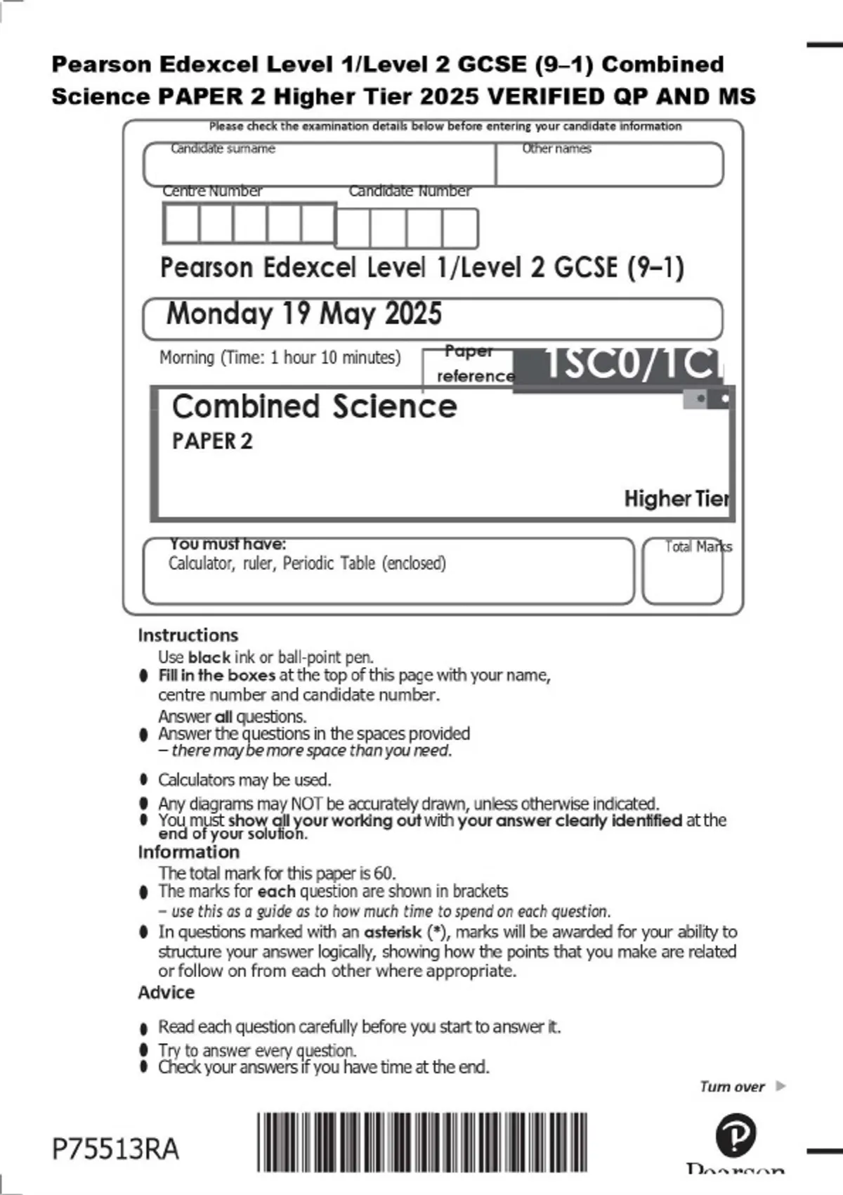 Pearson Edexcel Level 1/Level 2 GCSE (9–1) Combined Science PAPER 2 ...