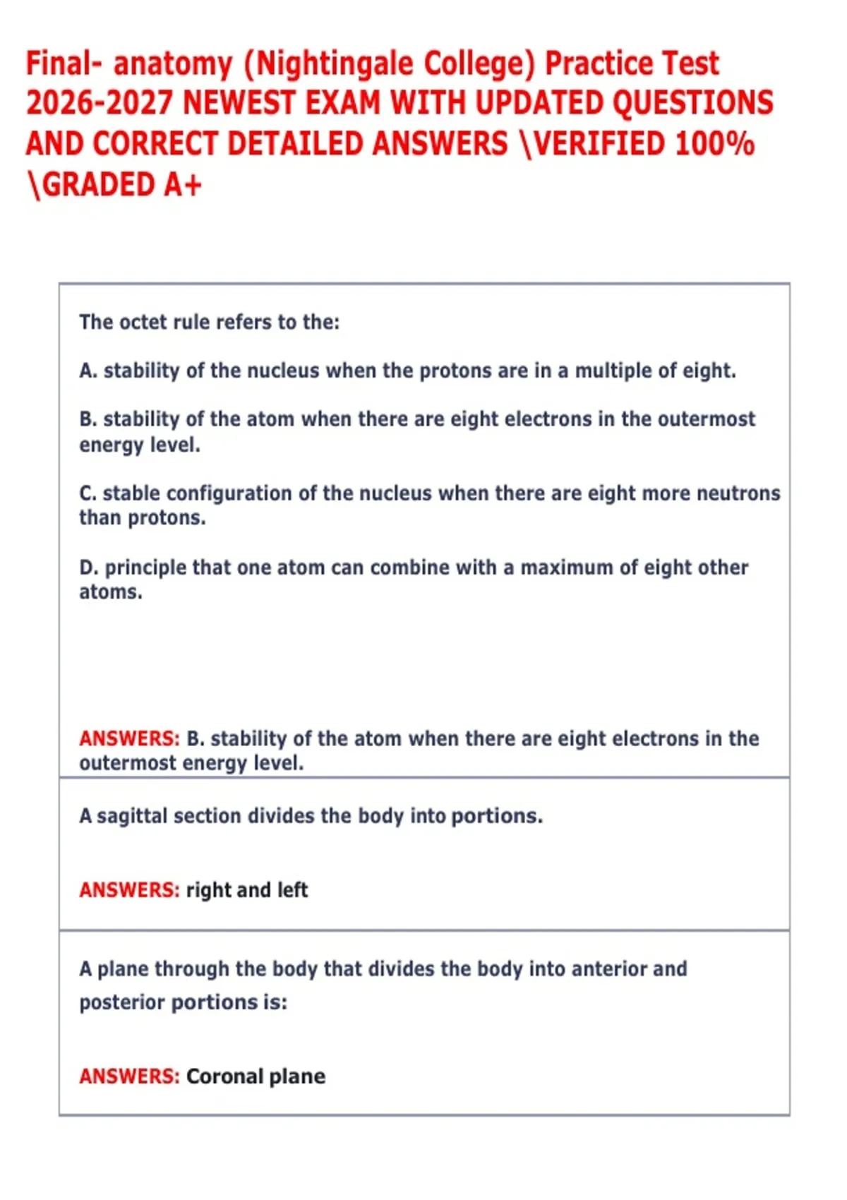 Final- anatomy (Nightingale College) Practice Test NEWEST EXAM WITH UPDATED QUESTIONS AND ...